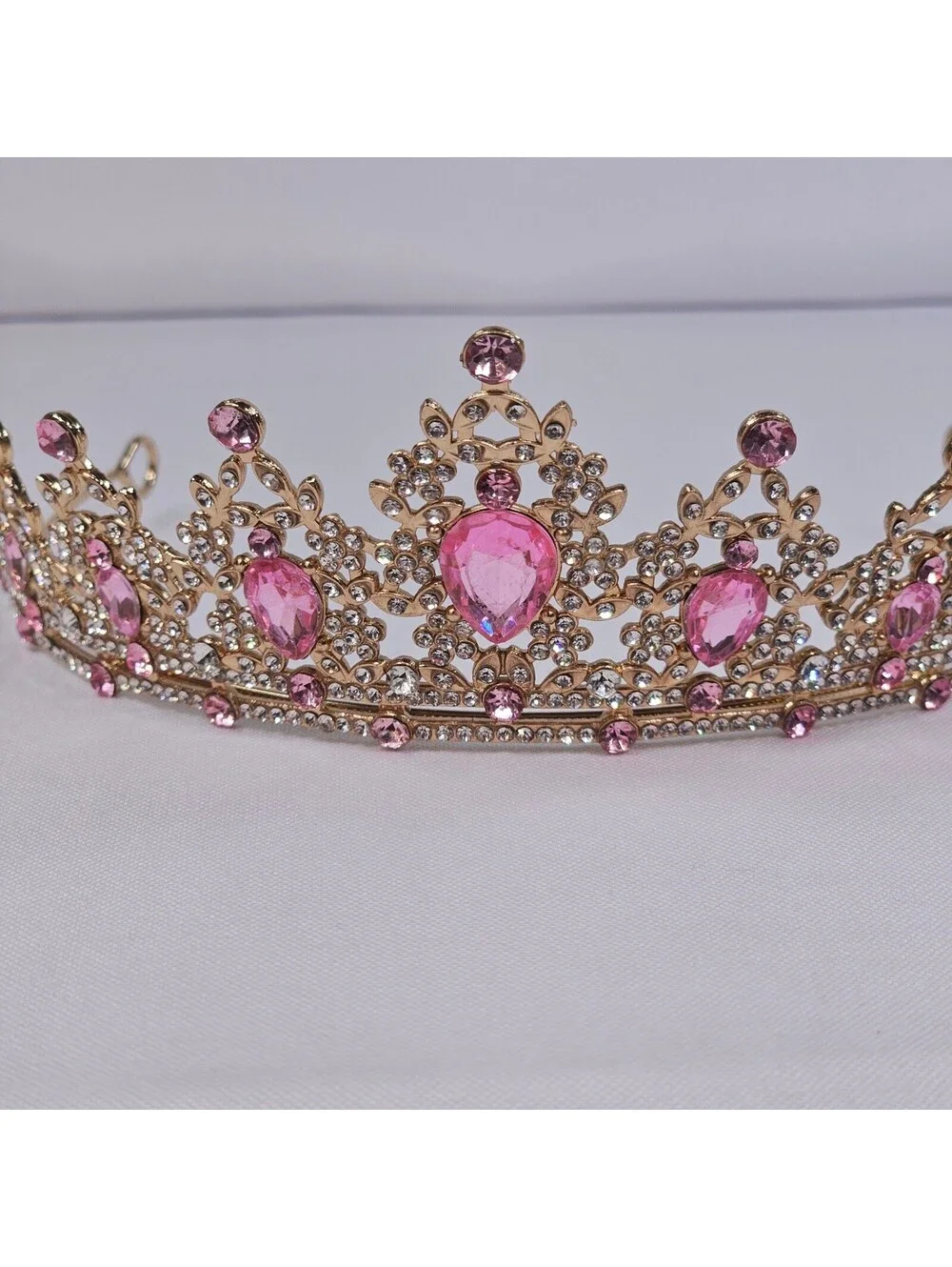 Pink Crystal Gold Tiara Rhinestone Princess Crown Pageant Wedding Headpiece EUC